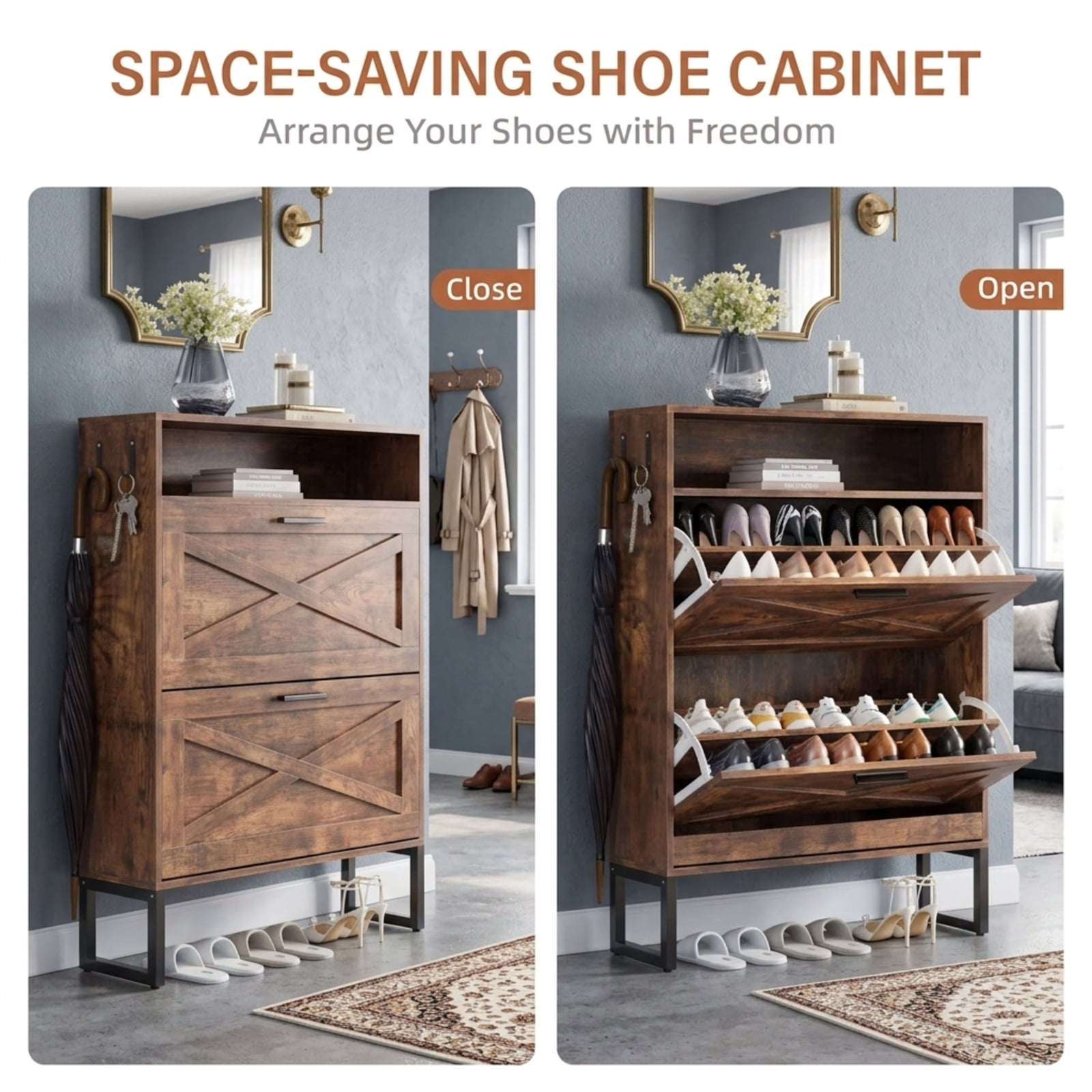 Fenbeli Shoe Cabinet with 5 Flip Doors, Slim Burnt Wood Storage Organizer with Adjustable Shelves, Freestanding Entryway Cabinet for Hallway Bedroom and Closet