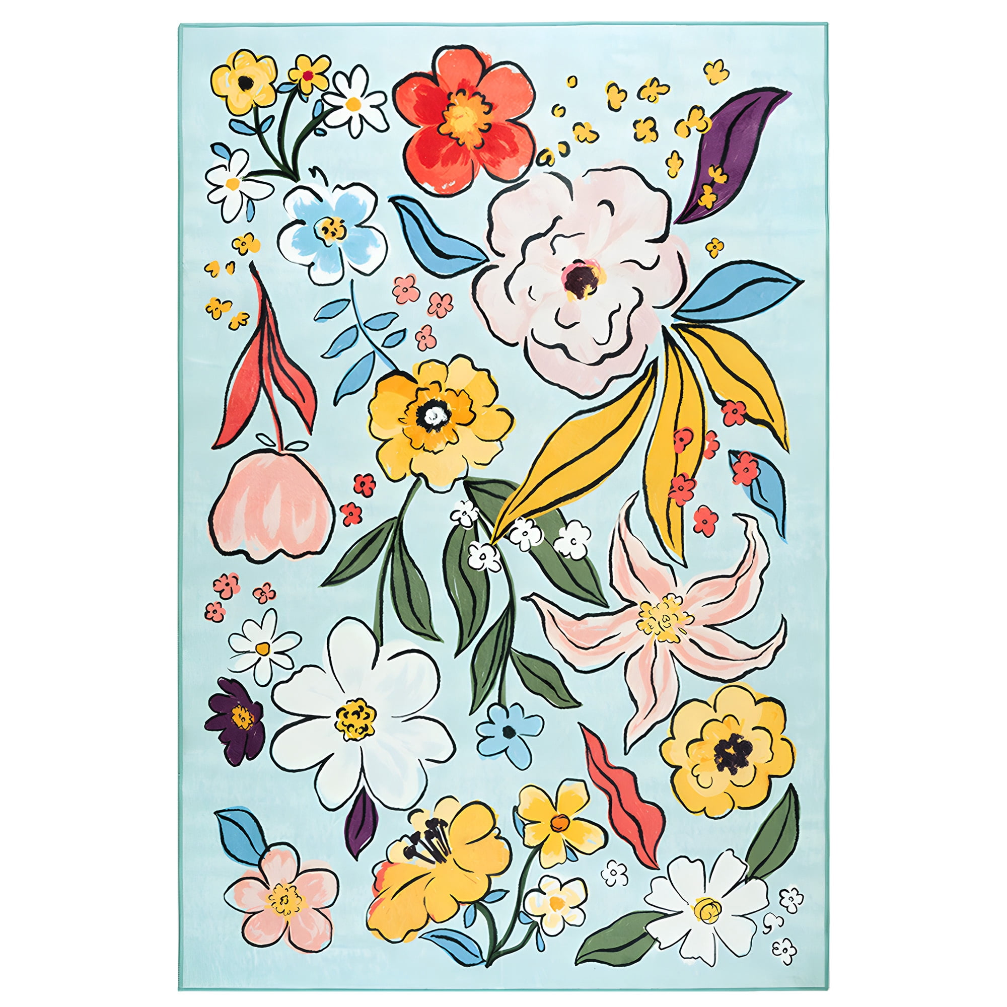 Wondo Washable Non-Slip 4x6 Floral Area Rug - Soft Green Low Pile Floor Carpet with Botanical Big Flower Design for Girls Bedroom, Living Room, Dining Room, Kids Classroom Office