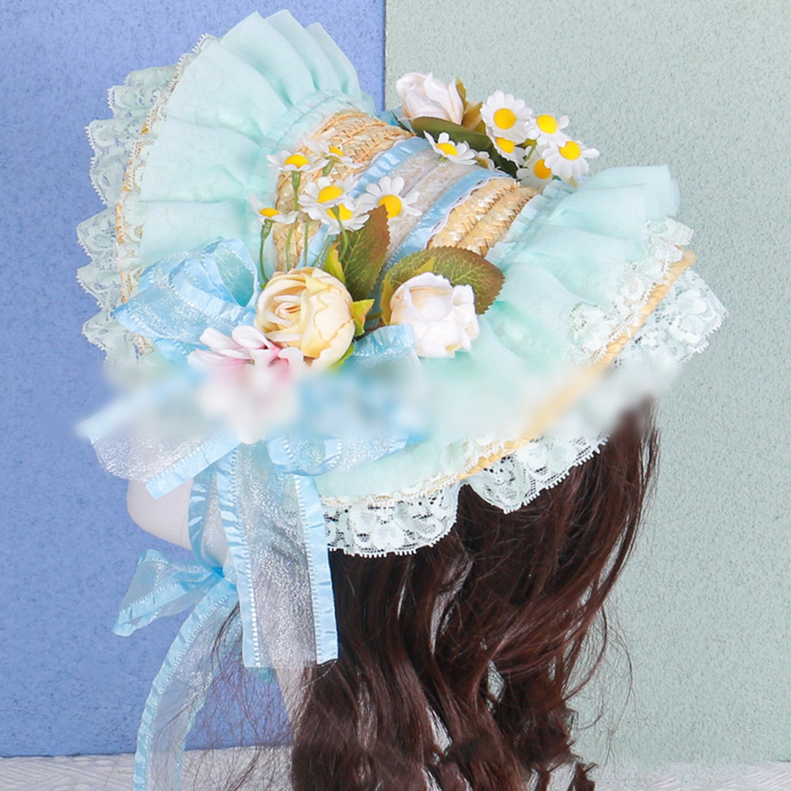 Lace Trim Flower Bonnet Hat For Cocktail Party Cosplay Costume Straw Sun Hat for Vacation Picnics and Formal Occasion