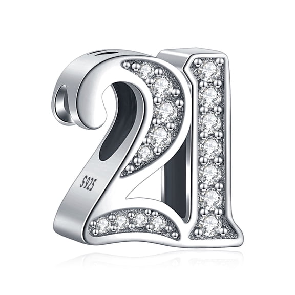 NINGAN Sparkling S925 Clear Pave Number 21 Bead Charm for Women Moment Charm Bracelet