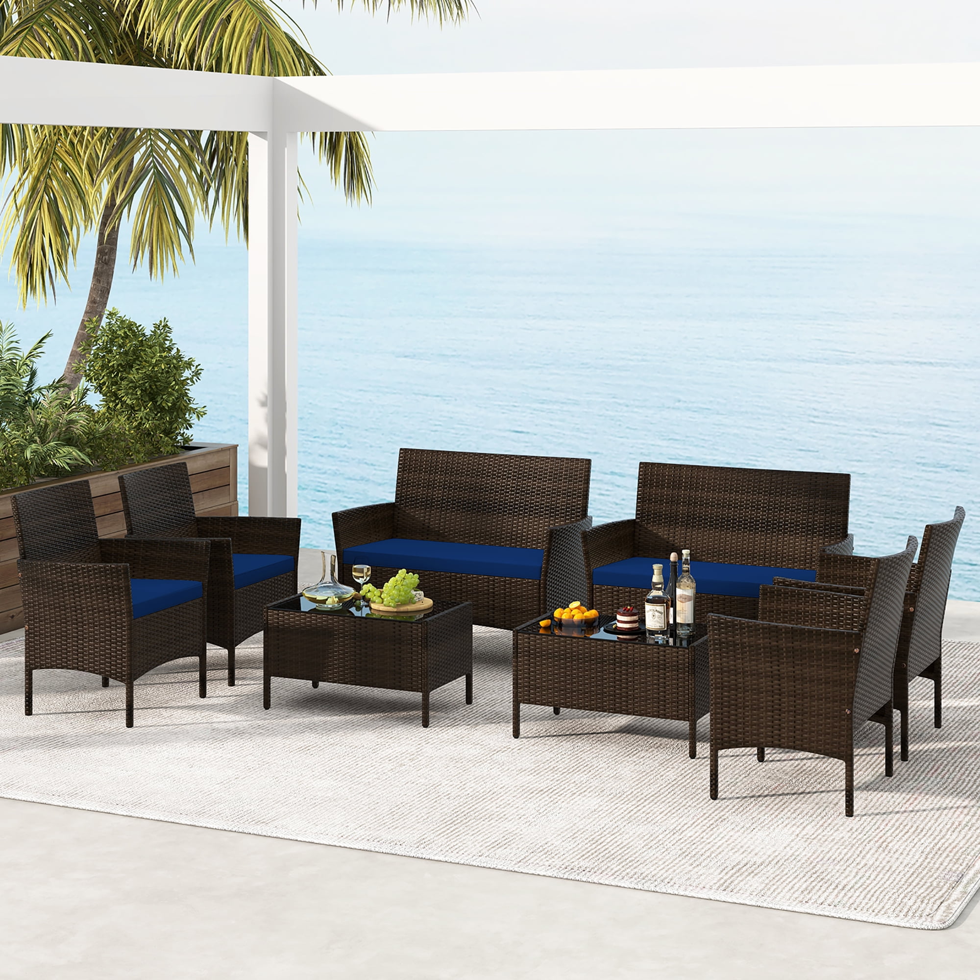 Gymax 8 PCS Patio Rattan Conversation Set Outdoor Wicker Furniture Set w Chair Loveseat