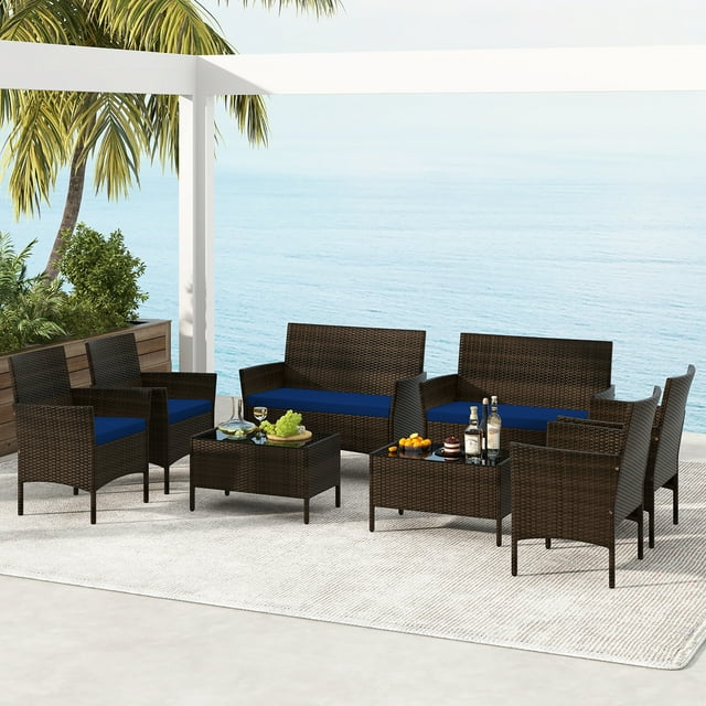 Gymax 8 PCS Patio Rattan Conversation Set Outdoor Wicker Furniture Set w/ Chair & Loveseat