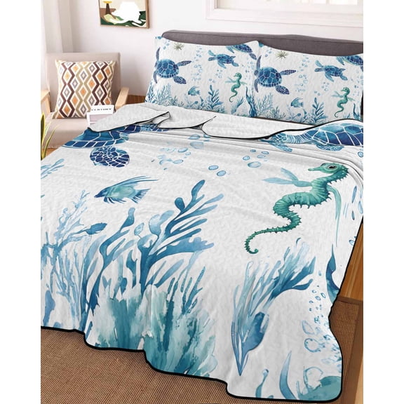 Blue Green Sea Turtle Queen Size Down Alternative Comforter, Lightweight Comforter Quilt Bedding Set with Pillow Shams Summer Ocean Coral Fish Seahorse All Seasons Bed Comforter Duvet Insert 90"x96"