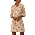 thumbnail image 4 of Vestido de camisa floral con cinturón y botones de solapa para mujer Allegra K S albaricoque, 4 of 8