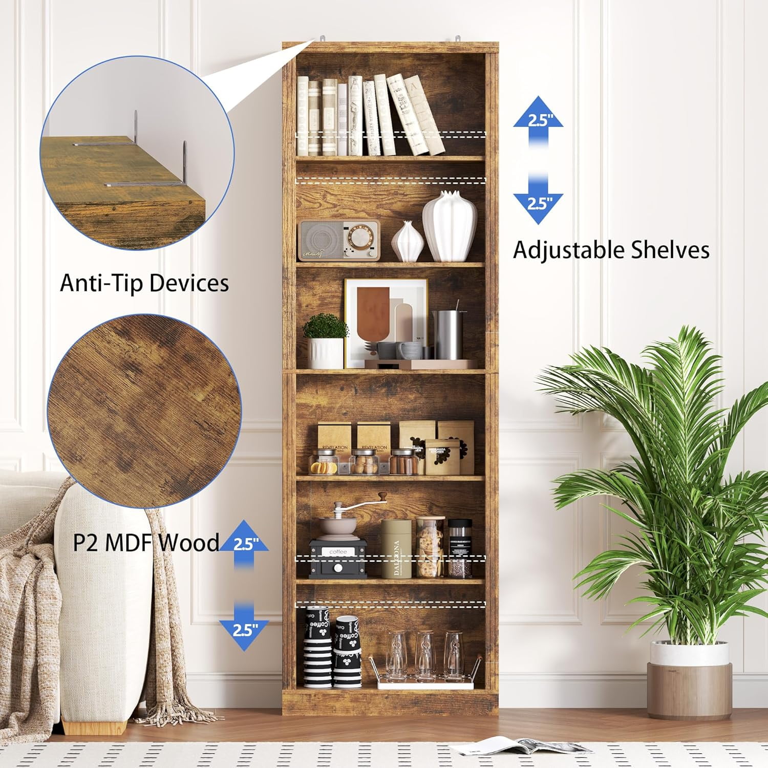 PUFFCAFE 75" Tall Bookcase,24" Wide Wood Book Shelf,6 Tier Display Storage Shelves,Brown Book Case for Home Office Living Room Bedroom Study,2 Pack