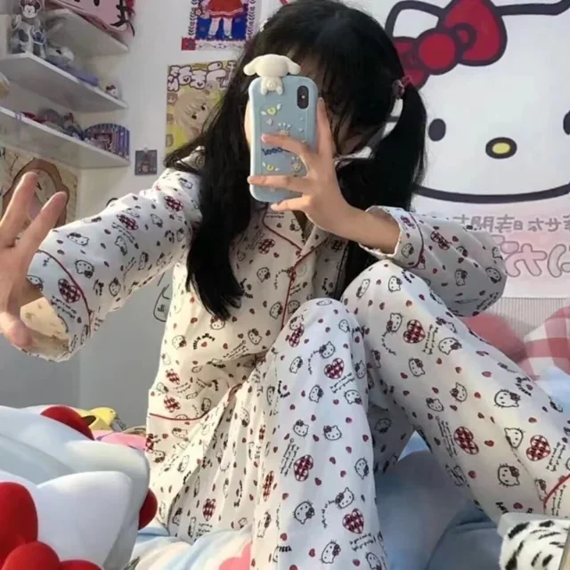 Spring Autumn Cute Hello Kitty Home Costume Cartoon Pajama Set Sanrio Long Sleeve Top+Pants Oversized Cardigan Pink Pajama Girl