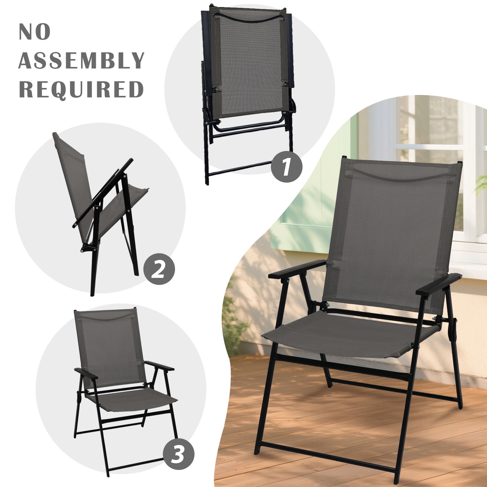 Set of 2 Outdoor Folding Chairs, Portable Patio Dining Chairs with Armrests & High Back, Sturdy Steel Frame for Garden, Lawn, Poolside, Camping (Gray)