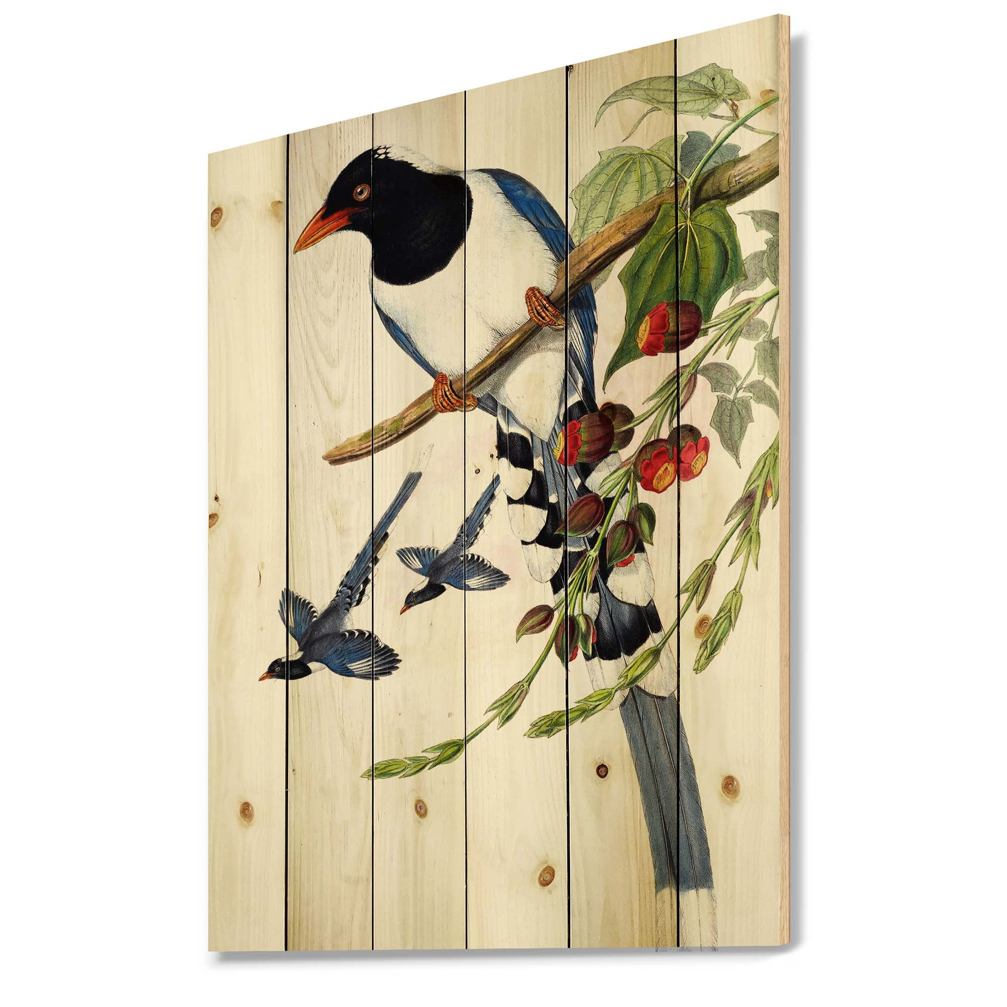 Designart 'Vintage Countryside Birds On Branch IV' Farmhouse Print on Natural Pine Wood