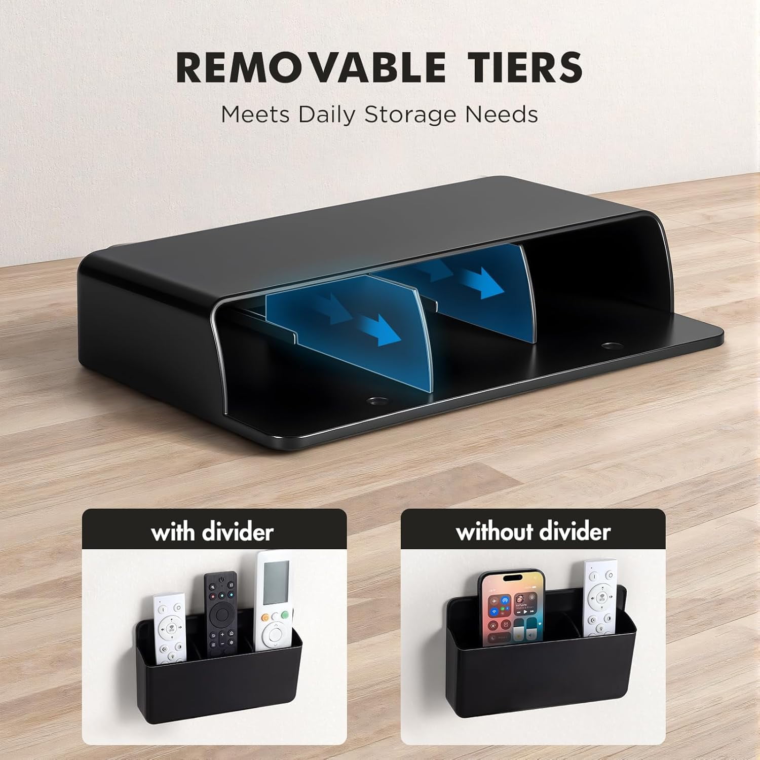 Adjustable 3-Slot Remote Control Holder Wall Mount, Self Adhesive Black Plastic Bedside Remote Caddy Box for Bed, TV Controller Holder for Table, Marker Holder, Pencil Cup