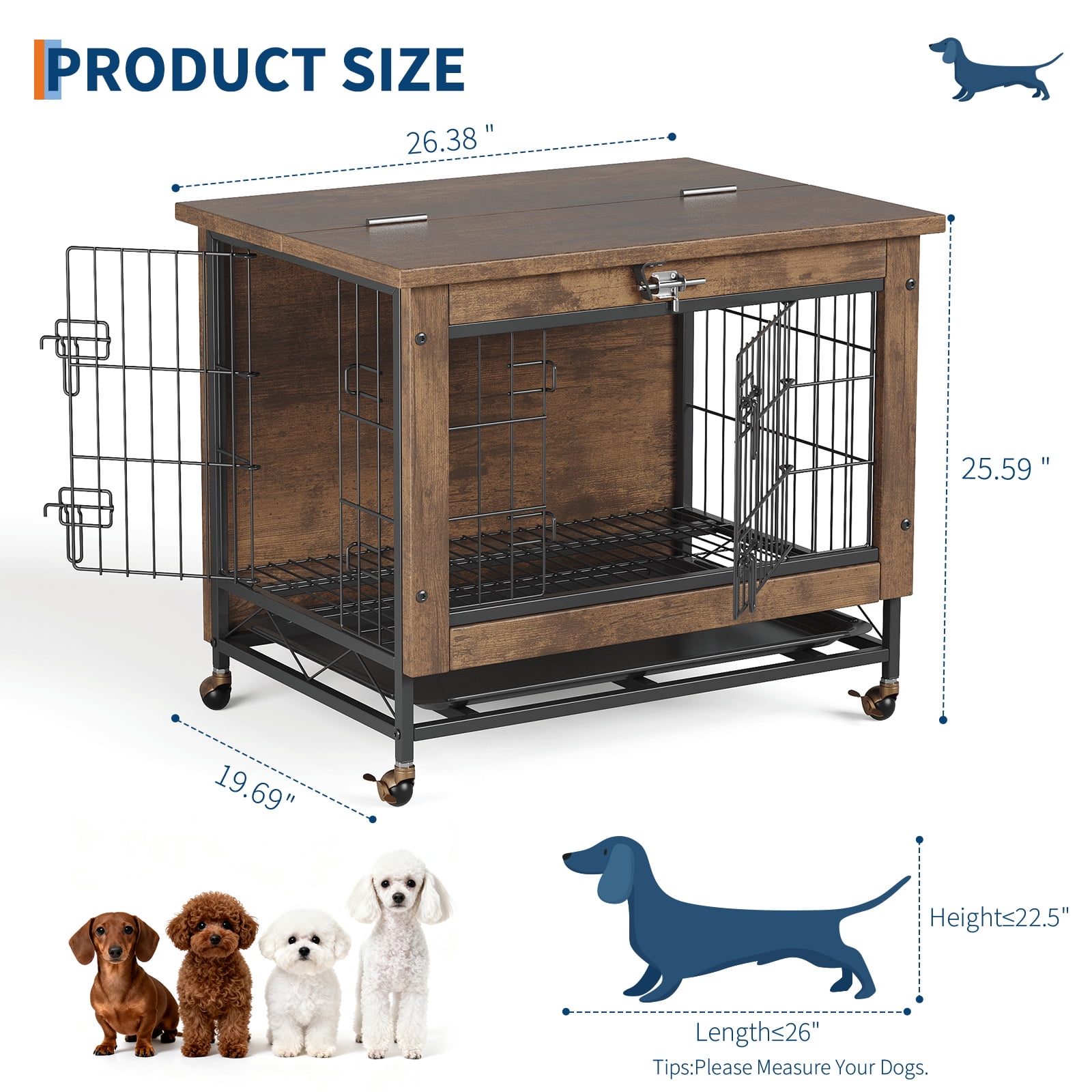 Dog Crate Furniture with 2 Doors, Indoor Small Dog Crates with Wheels, Heavy Duty Wooden Kennel Furniture, End Side Table Cage, Anti-Chew, Rustic Brown