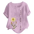 thumbnail image 2 of ICHUANYI Clearance Women's Short Sleeved Casual Plus Size Round Neck Flower Printed Loose Button Cotton Linen Top(Red, S) ICHUANYI WER2023080802808, 2 of 5