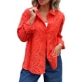 thumbnail image 2 of Xioeram Women Spring Autumn Shirt Lapel Long Sleeve Single Breasted Shirt Tops Solid Color Hollow Embroidery Flower Casual Shirt Streetwear, 2 of 8