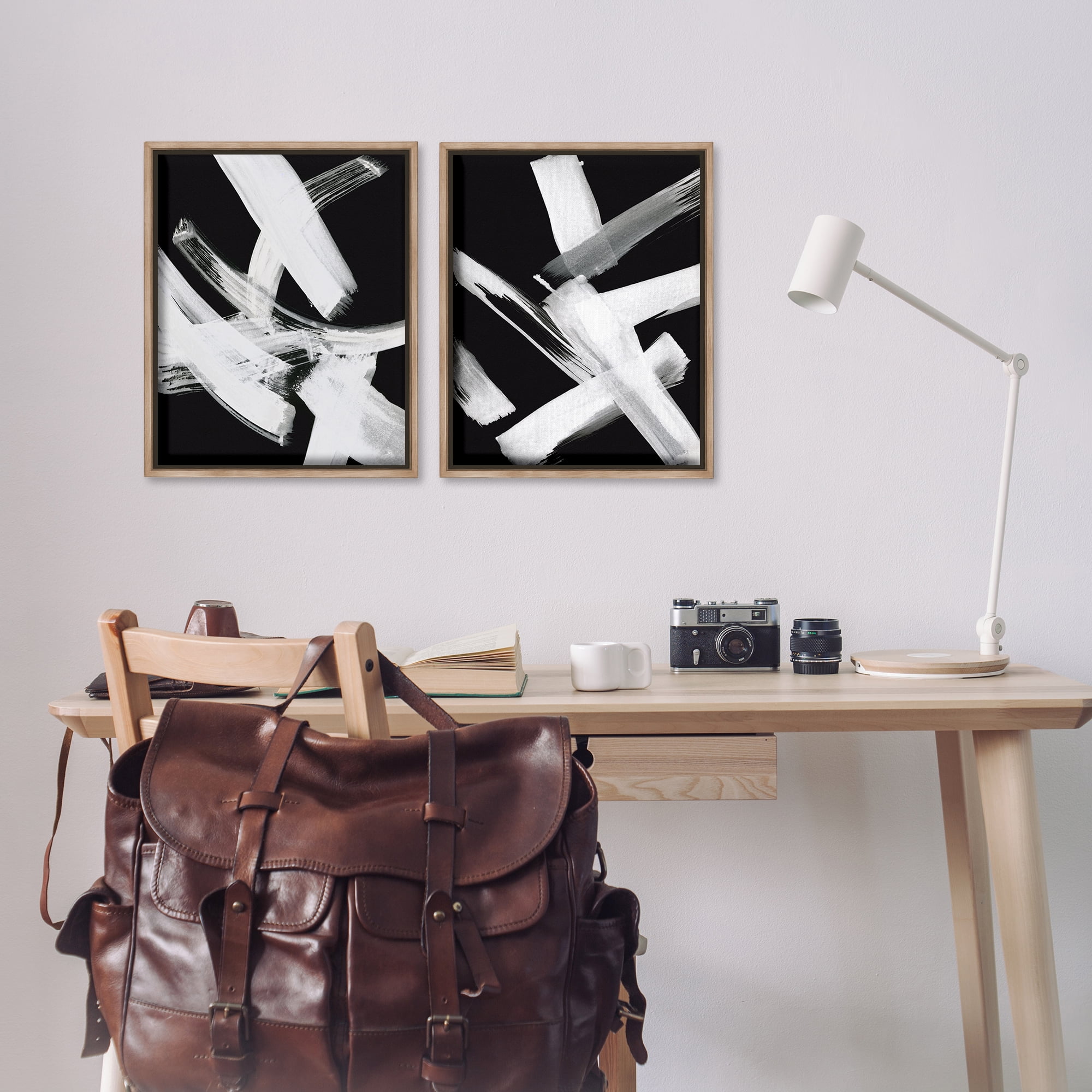 Stupell Industries Abstract Lines White on Black Abstract Painting Brown Floater Framed Canvas Art Print Wall Art, 17 x 21, Set of 2