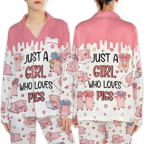 Lotusprinthandmade Cute Pigs All-over Print Satin Pajamas Set (S), cute pigs satin pajama set for women, pink farm animal print sleepwear