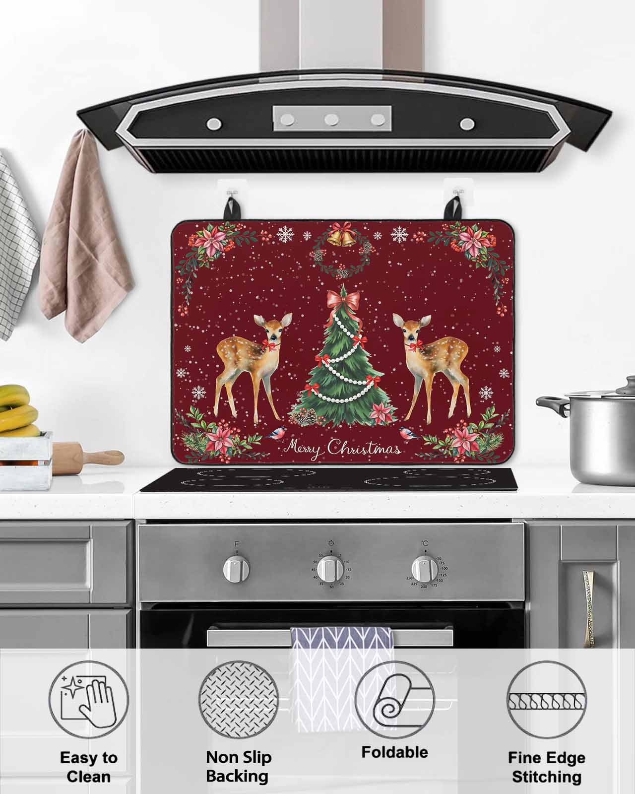 Large Induction Cooktop Protector Mat Christmas Reindeer Stove Top Covers for Electric Stove, Xmas Elk Pine Tree Red Poinsettia Floral Decorative Stove Burner Cover Mats, Glass Top Stove Cover