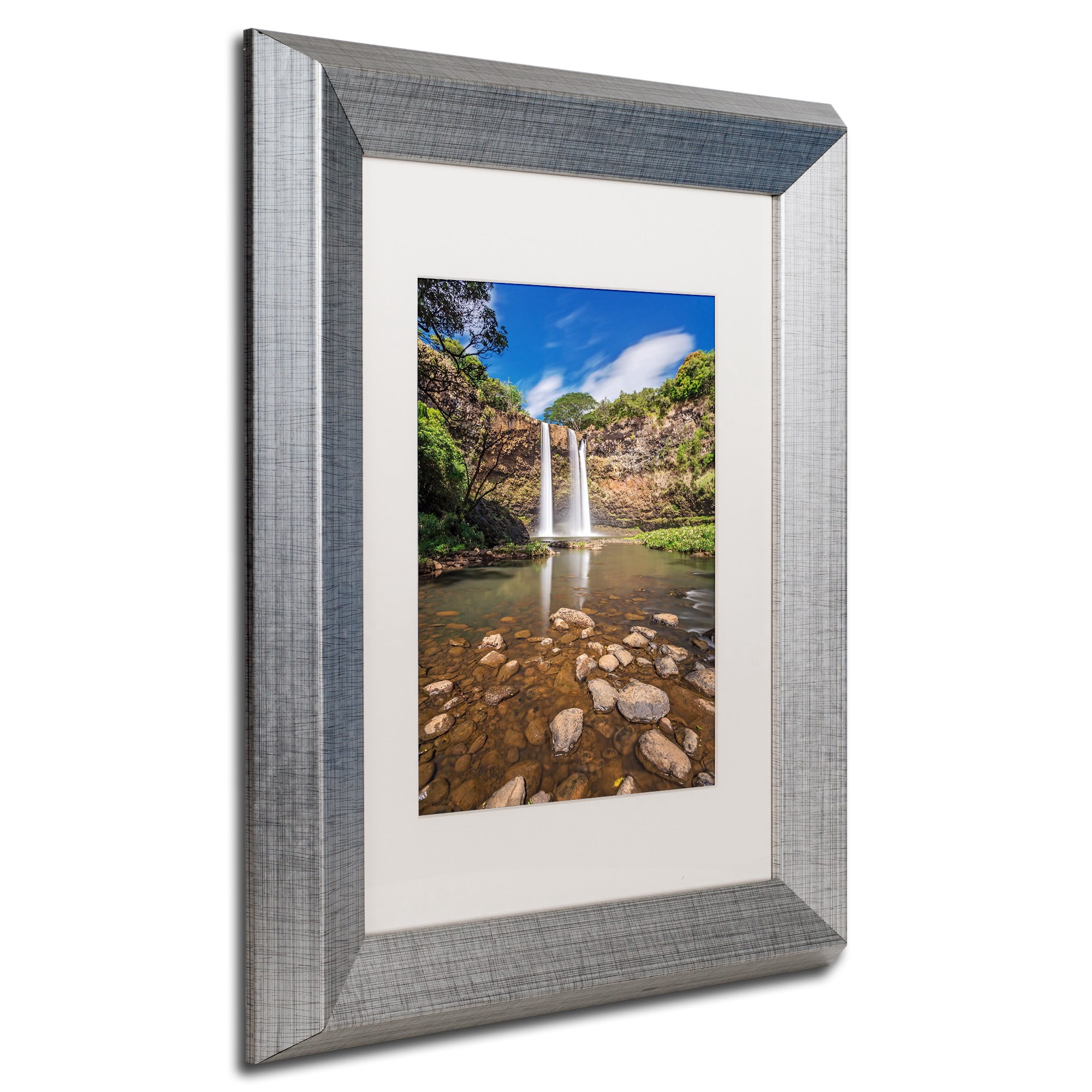 Trademark Fine Art 'Wailua Falls' Canvas Art by Pierre Leclerc, White Matte, Silver Frame