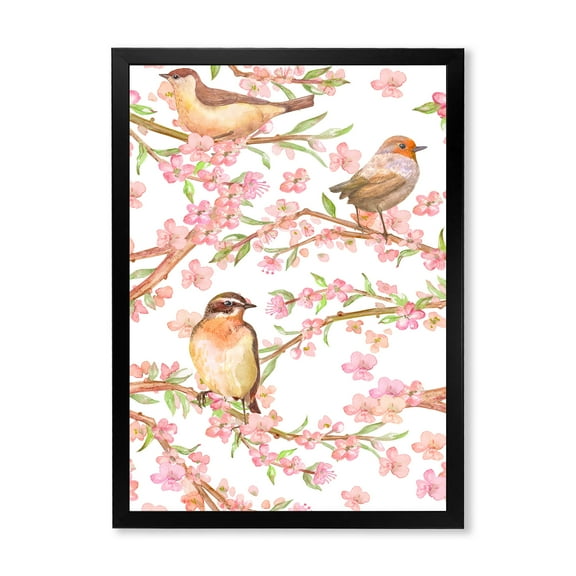 Lovely Birds On Branches Of Flowering Almond 30 in x 40 in Framed Painting Canvas Art Print, by Designart