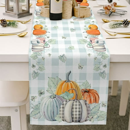 

Yubatuo Buffalo Check Plaid Fall Table Runner 13 x38 Harvest Thanksgiving Pumpkins Mushrooms Birdhouse Maple Leaves