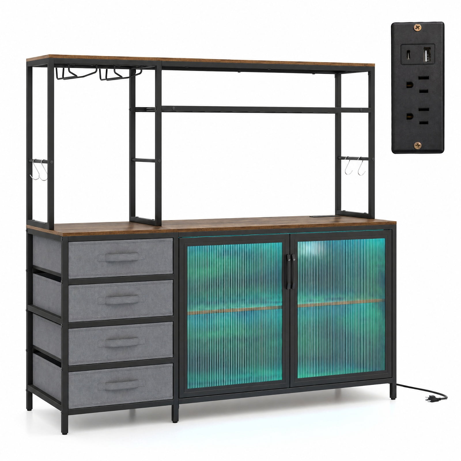 Furnibear Sideboard Buffet Cabinet with LED Lights 55 inch Coffee Table with Power Outlets for Kitchen Dining Living Room Buffet, Rustic Brown