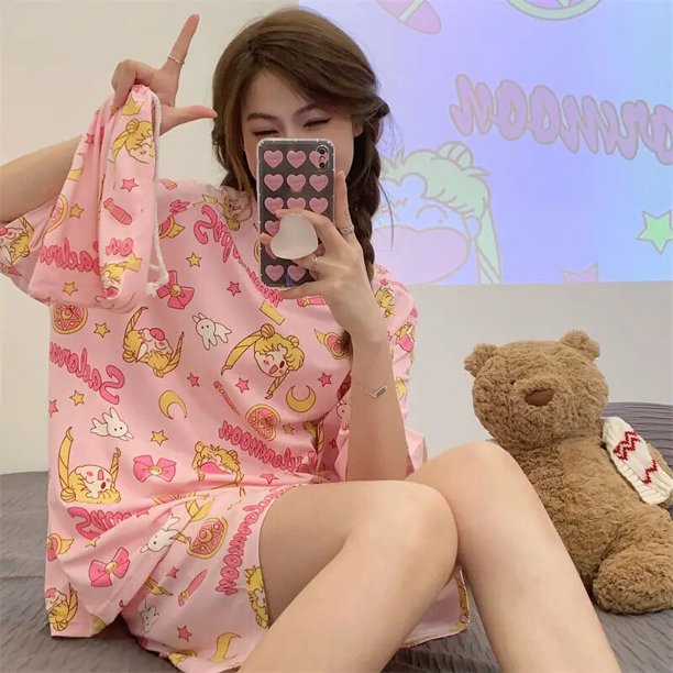 Conjunto de pijama de Anime Kawaii para mujer, con diseño de ropa de dormir Sanrios, moda Simple, delicado, informal, cómodo y suave