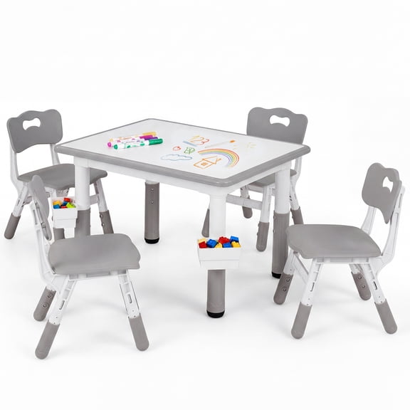 Gymax Kids Table & 4 Chairs Set w/ Graffiti Desktop & 2 Storage Baskets for Home Gray