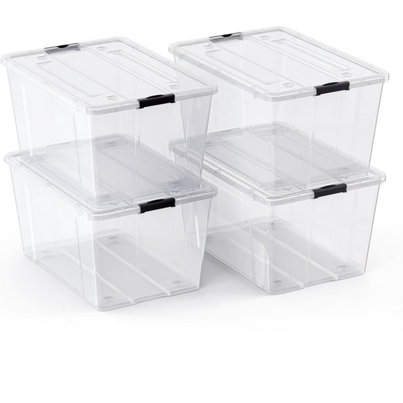 QRInnovations Plastic Storage Bin Tote Organizing Container with Ultra Durable Lid & Secure Latching Buckles Stackable Extra Strength Clear w/Black Handle (75QT - 4 Pack)