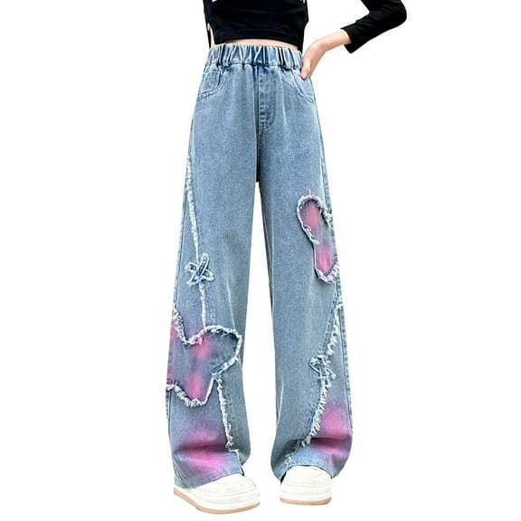 Ruyang Girls Straight Jeans Tie Dye Ripped Cute Baggy Wide Leg Denim Pants Teen Kids High Waist Elastic Denim Trousers