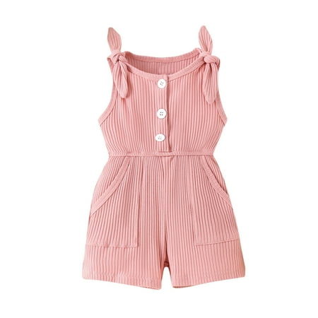 

Ahdbta Baby Girl Sleeveless Jumpsuits Cute Bow Strappy Ribbed Knitted Overalls Rompers Solid Color Button Crewneck Bodysuits