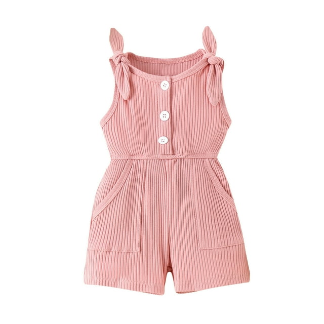 tarylea Toddler Girls Clothes Sleeveless Adjustable Strap Half Button Rompers Solid Color Ribbed Jumpsuits with Pockets Casual Trendy Summer Outwear Outfits for 6 Months-4 Years