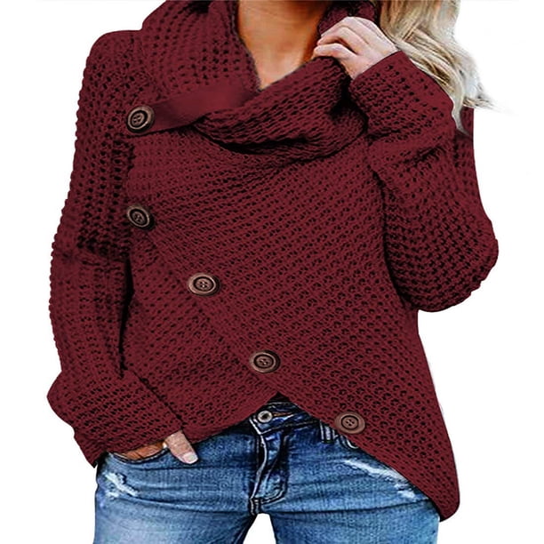 Suéter de cuello alto de cinco botones de otoño e invierno europeo y americano, suéter de mujer de color sólido, suéter de manga larga