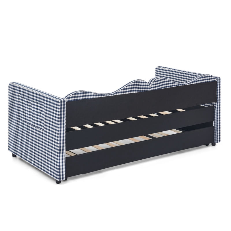 Twin to King Size Daybed with Trundle, Gingham Upholstered Day Bed Frame with Side Storage Pocket and Wave Backrest, Sofa Bed Frame for Bedroom, No Box Spring Needed