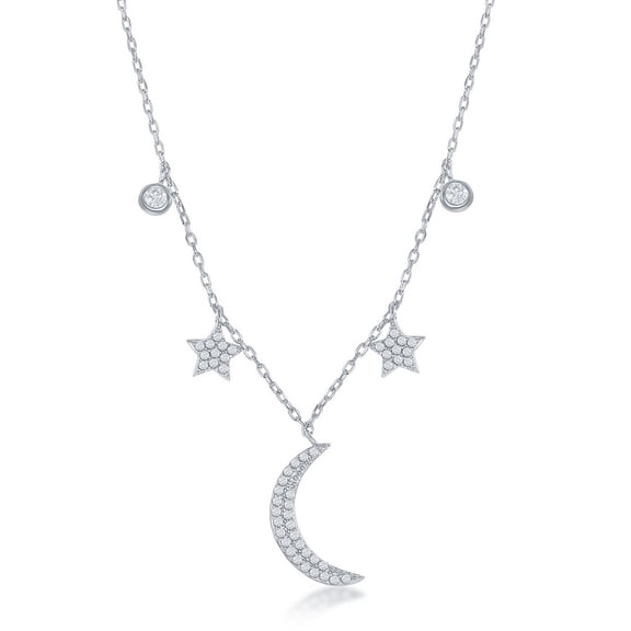 iJewelry2 Sterling Silver Bezel-Set CZ Crescent Moon and Star Charms Necklace