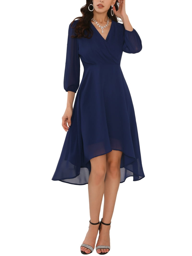 Inspire Chic Women's V Neck 3/4 Sleeves High Low Chiffon Midi Dress 2XL Navy Blue Inspire Chic Women's V Neck 3/4 Sleeves High Low Chiffon Midi Dress 2XL Navy Blue