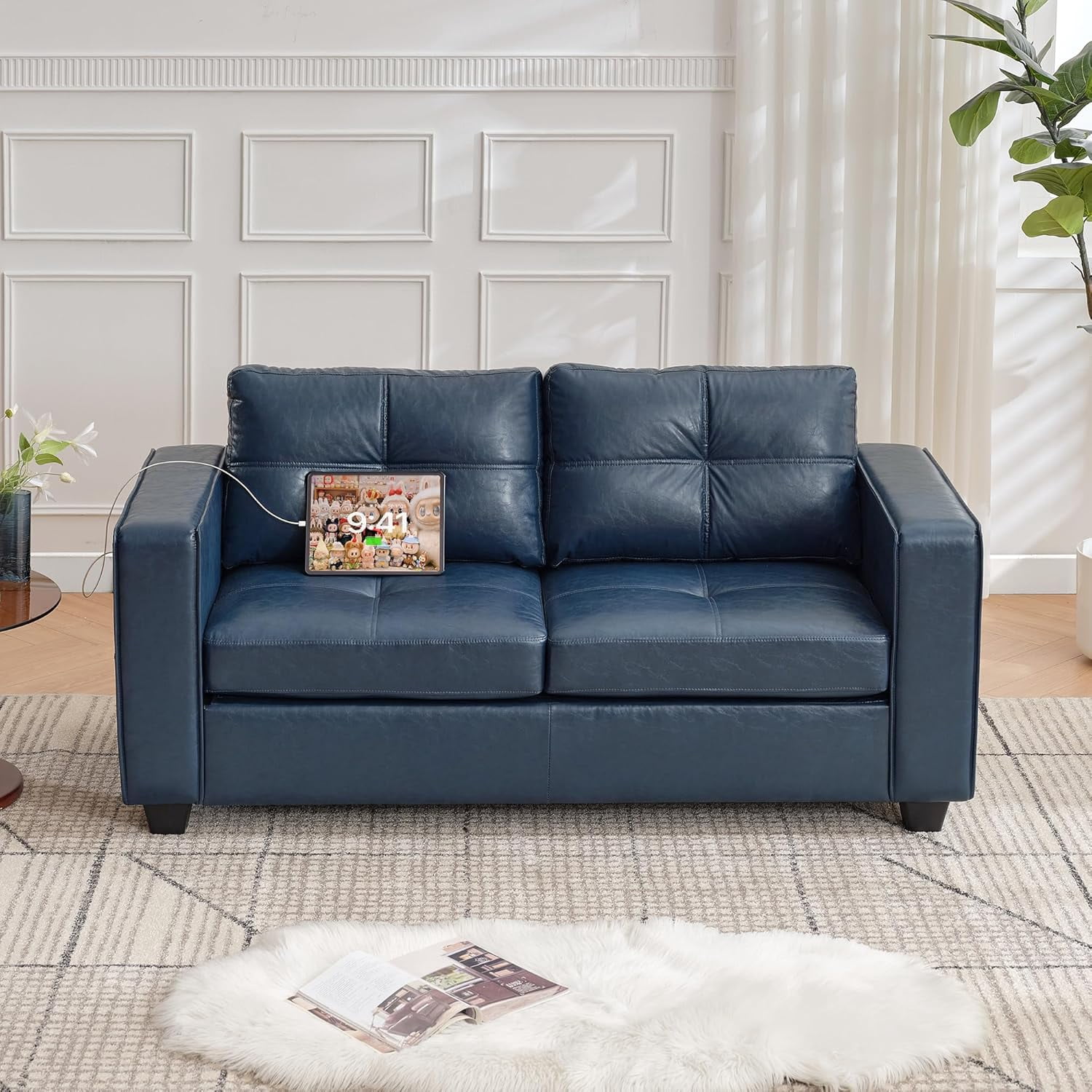 LAZZO 65" Loveseat Sofa with USB Charging Ports, 2-Seat Faux Leather Couch for Living Room & Office, Blue