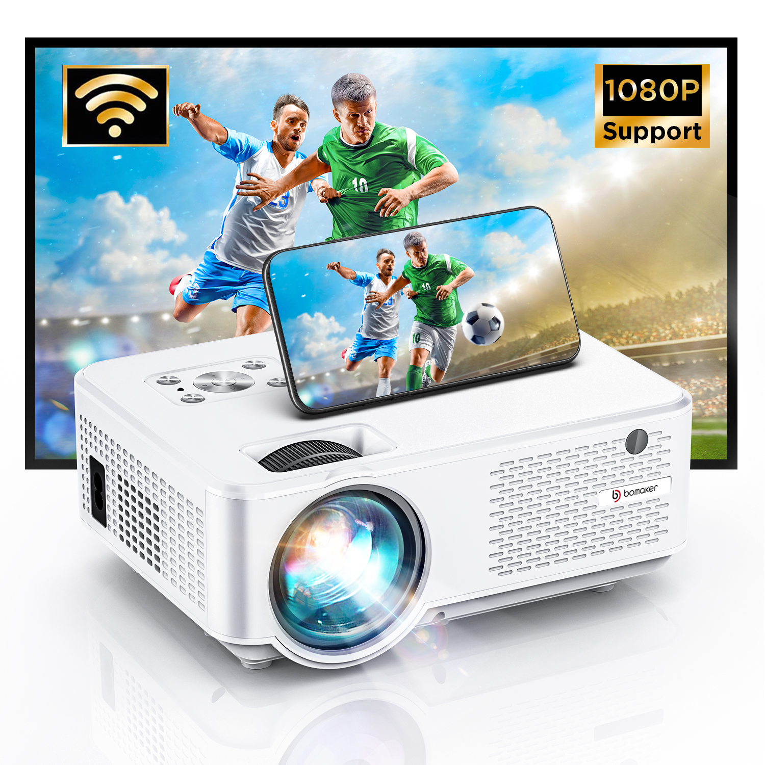Bomaker WiFi Projector HD 1080P 200" Display Supported Home Theater