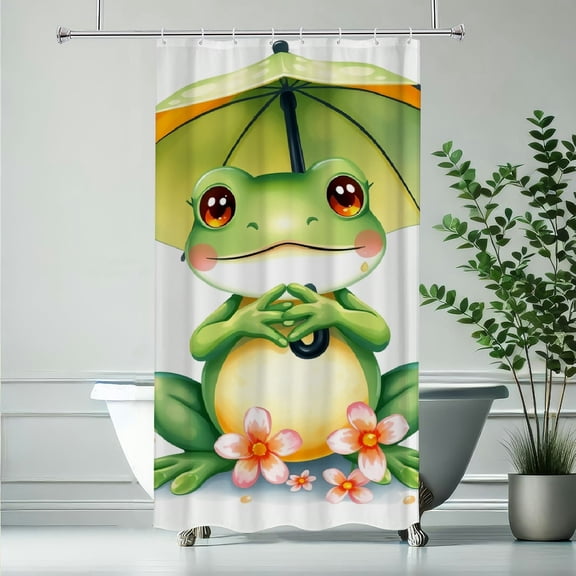 RKSupls Shower Curtain, Cute Frog with Umbrella Waterproof Polyester Shower Curtain with Hooks for Chic Elegant Home Bathtub Bathroom Decor Washable Curtains