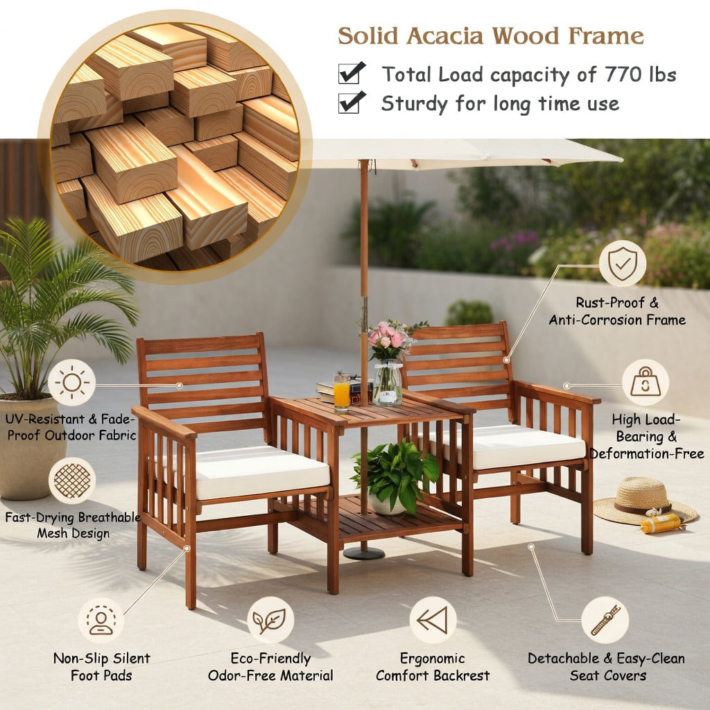 Hommoo 3-Piece Acacia Wood Outdoor Patio Furniture Set, Loveseat with Cushions & Umbrella Hole Coffee Table, White