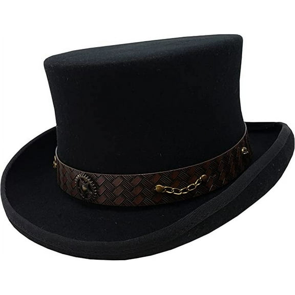 Different Touch Victorian Western Steampunk Top Hat with Leather Band and Chain