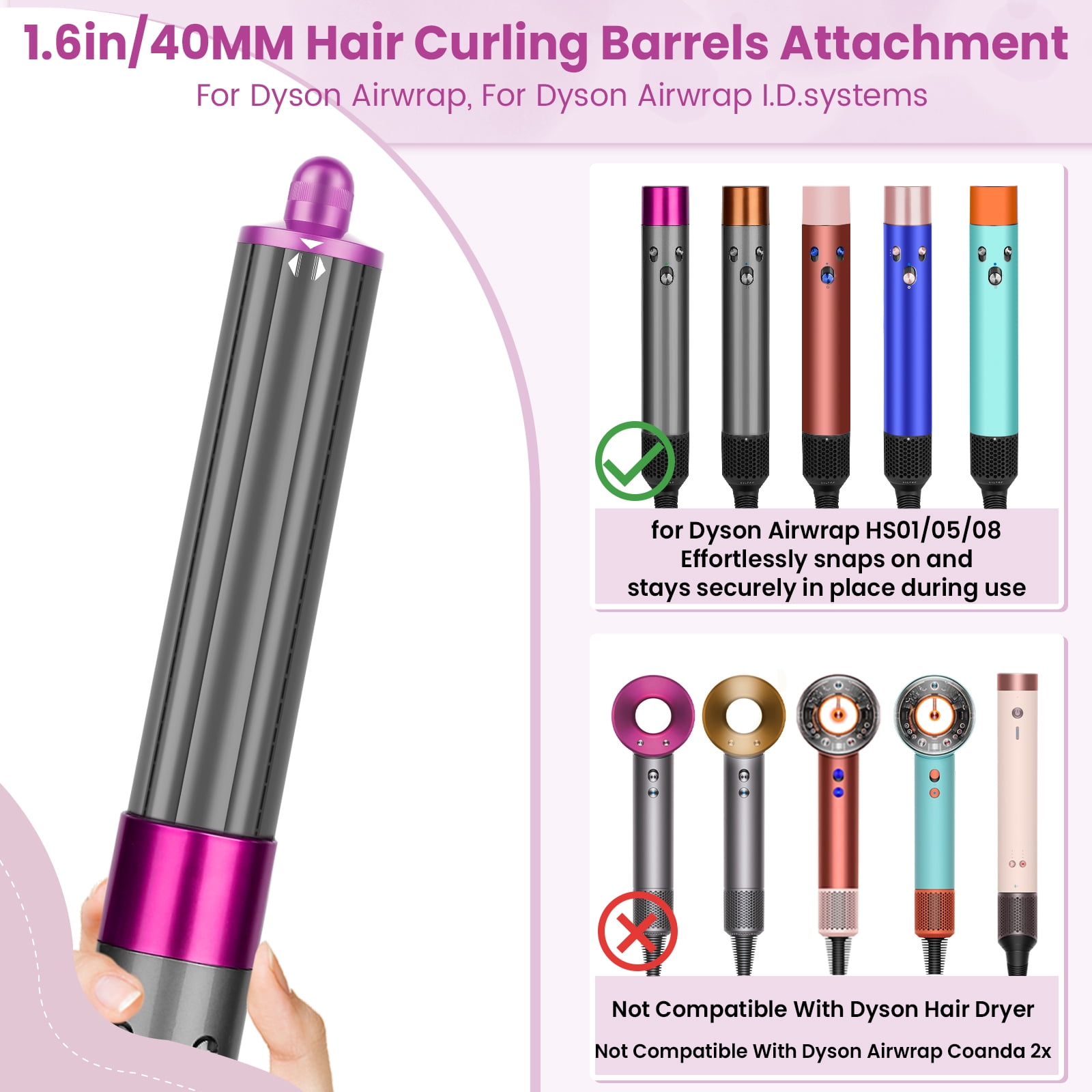AFDD 40MM/1.6 Inch Long Hair Curling Barrels compatible with Dyson Airwrap Styler Self-Curling Accessories