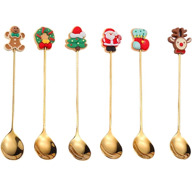 Gold 6cm Cucharas navideñas, cuchara agitadora de acero inoxidable, cuchara de té, cuchara de café con colgante navideño para decoración de vajilla de fiesta de Navidad, 6 unidade