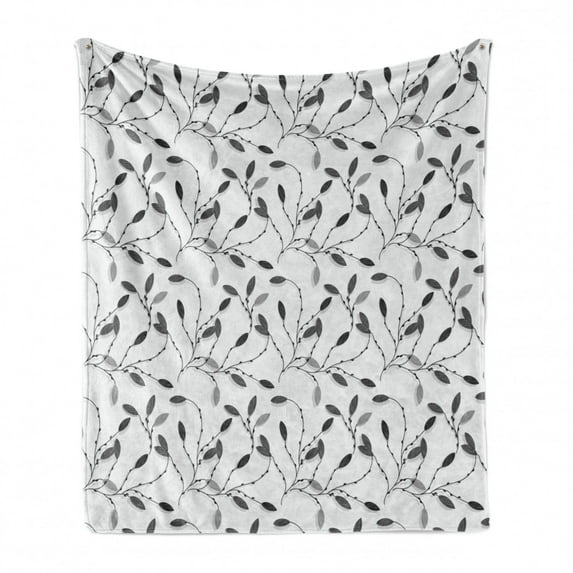 Grey Soft Flannel Fleece Throw Blanket, Contemporary Graphic of Fall Autumn Leaves and Branches Simple Pure Shabby Artwork, Cozy Plush for Indoor and Outdoor Use, 50" x 70", Grey White, by Ambesonne