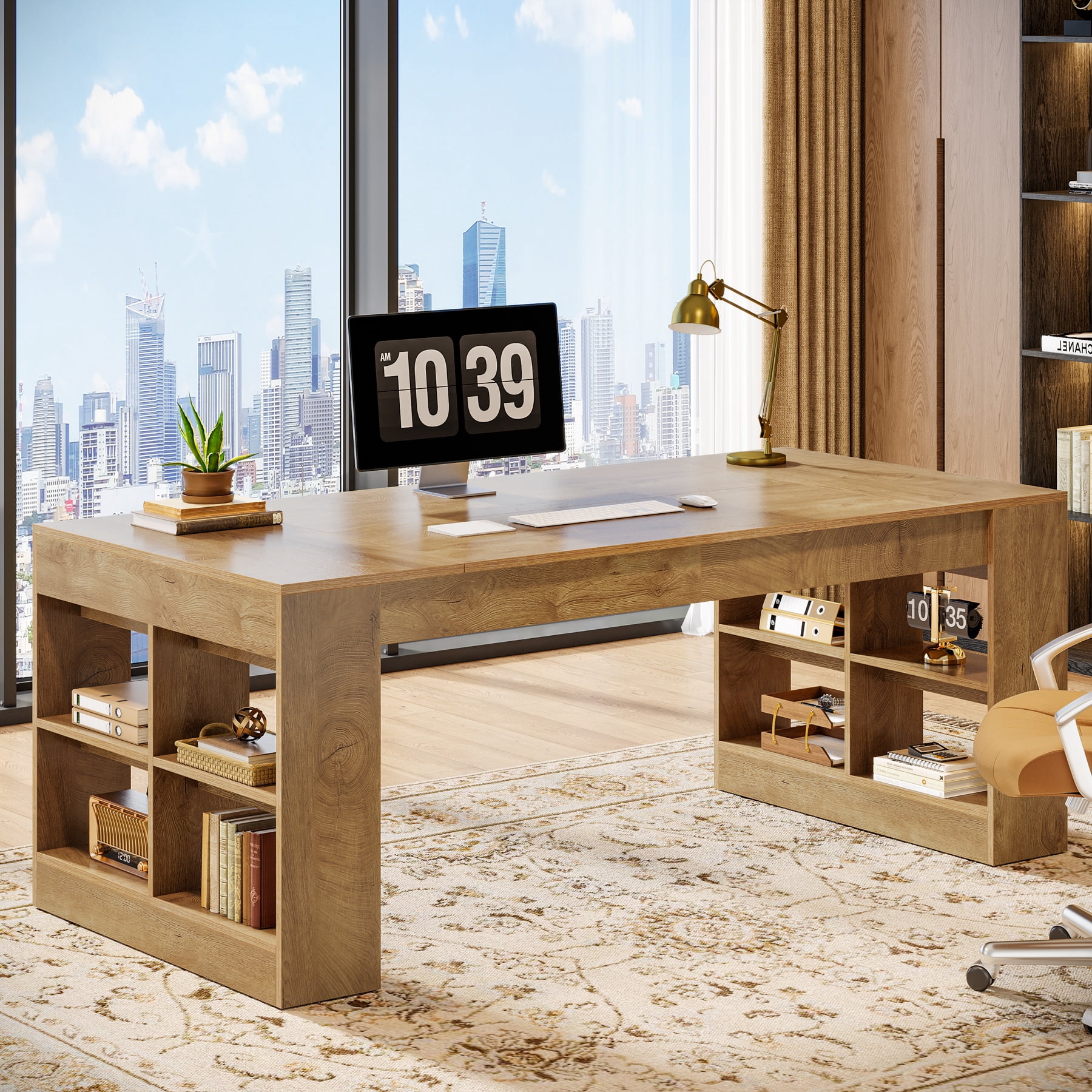 Finmind 70.87-inch Executive Desk, Large Office Computer Desk with Storage Shelves, Modern Simple Workstations Writing Table, Rustic Brown