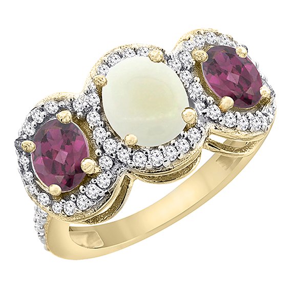 14K Yellow Gold Natural Opal & Rhodolite 3-Stone Ring Oval Diamond Accent, size 10