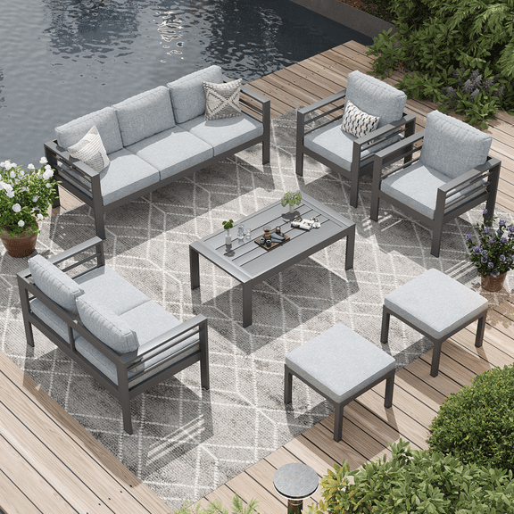 AECOJOY Aluminum Outdoor Furniture Set 7 Pieces Sectional Sofa Patio Conversation Set - Light Gray