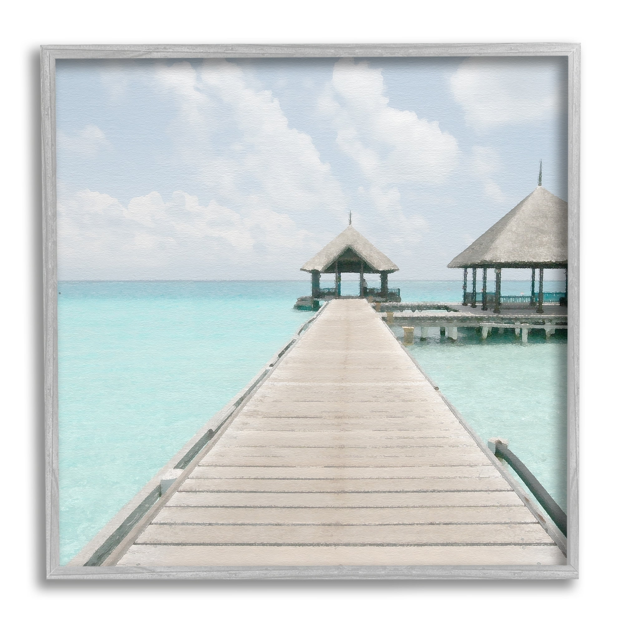 Stupell Industries Beautiful Turquoise Water Ocean Pier Cloudy Sky Painting Gray Framed Art Print Wall Art, Design by Noah Bay