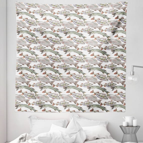Fishes Tapestry, Watercolor Common Carp Perch and Bass Freshwater Animals Themed Seafood Drawing, Fabric Wall Hanging Decor for Bedroom Living Room Dorm, 5 Sizes, Multicolor, by Ambesonne