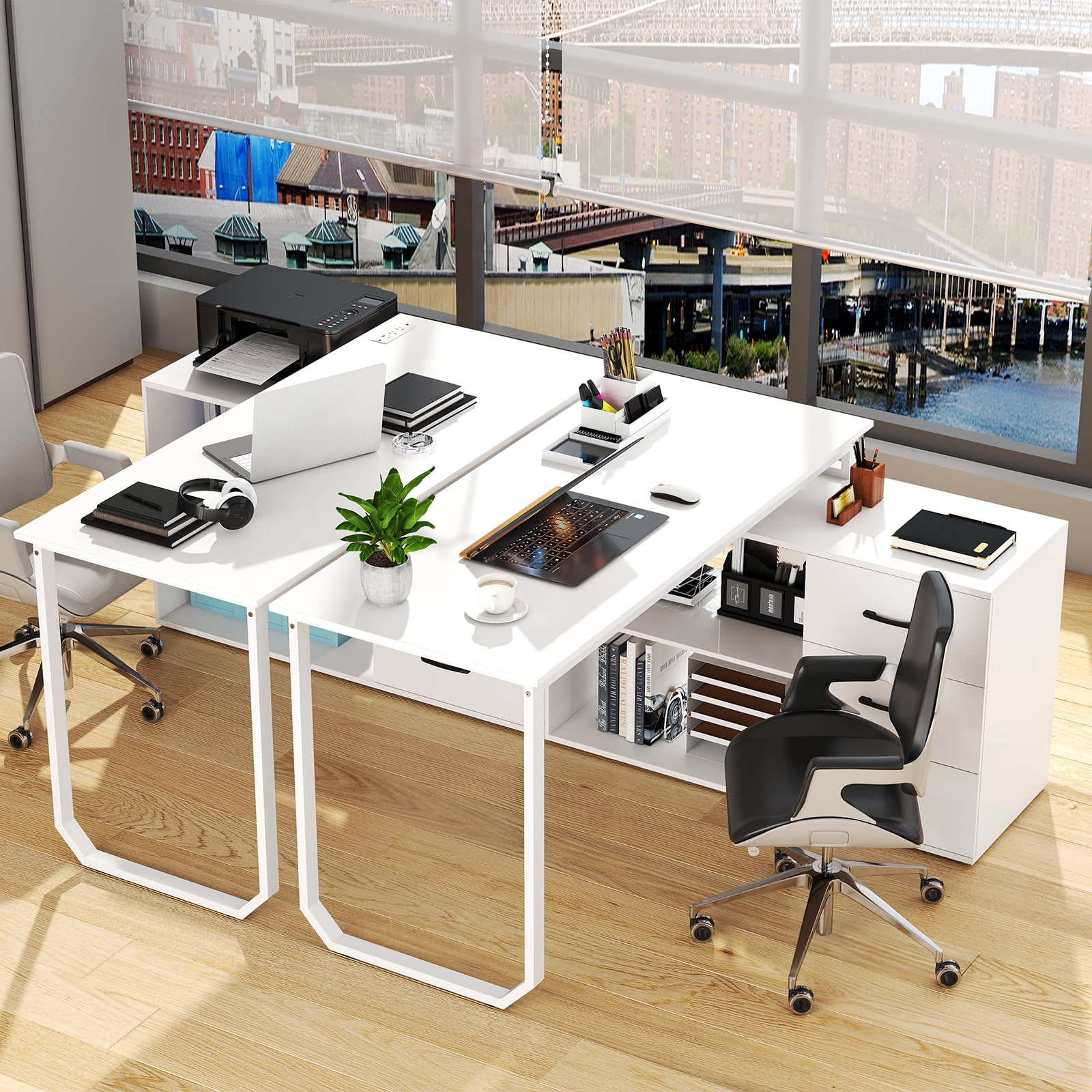 Costway L-Shaped Desk with Power Outlet 55" Reversible Computer Desk with 3 Drawers White