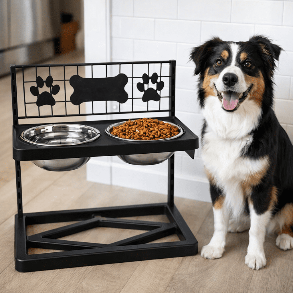 DOULAIMENG Adjustable Height Large Stainless Steel Food Bowl with 2 Stainless Steel Dog Bowls for Dogs, Black Paw Print