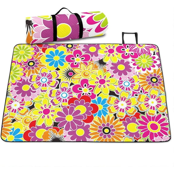 Retro Groovy Picnic Beach Blanket, 70S Retro Psychedelic Floral Picnic Blankets 60x80, Bohemian Hippie Picnic Mat, Foldable Boho Vintage Groovy Flower Waterproof Outdoor Blanket for Camping Park