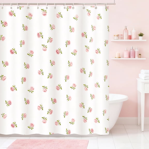Annvchi Girly Pink Floral Shower Curtain Hookless Flower Rose Shower Curtain Cotton Blend 72x72 Inches for Bathroom Bedroom